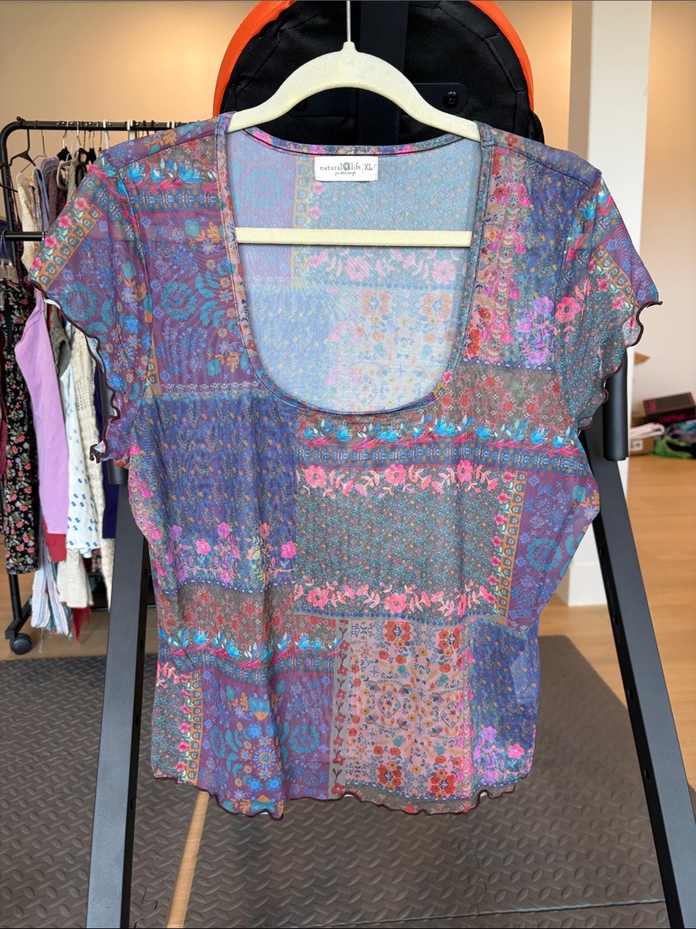 NATURAL LIFE Patchwork Floral Scoop Neck Short Sleeve Top - Purple Multi